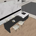 Modern Dining Table Set With Black Table White Chairs Kitchen Cabinets And Island 3d model