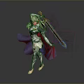 3D Female Warrior Character In Silver Armor With Blue Cloak And Golden Sword