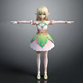 Fantasy Elf Character With Blonde Hair Green Eyes Pink Green Dress And Outstretched Arms