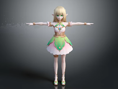 Fantasy Elf Character With Blonde Hair Green Eyes Pink Green Dress And Outstretched Arms 3d model