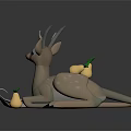 Light Brown Lying Deer Sculpture With Antlers Pears Green Leaves And Cloth