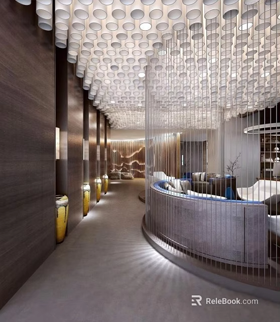 Modern Lounge Area Interior Design With Chandelier Curved Seating And Warm Lighting 3d model 