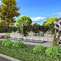 Greenery Covered Stone Building Exterior Wall With Surrounding Landscape Trees Lawn And Decorative Balls