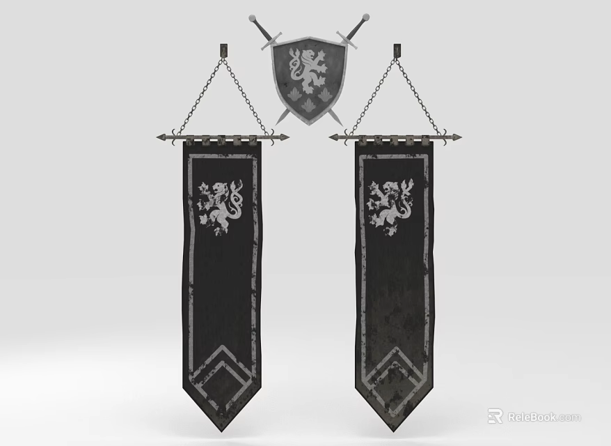 Medieval Heraldic Wall Decor With Lion Crest Banners And Shield Design 3d model 