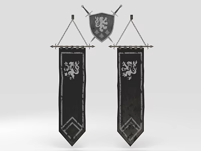 Medieval Heraldic Wall Decor With Lion Crest Banners And Shield Design 3d model