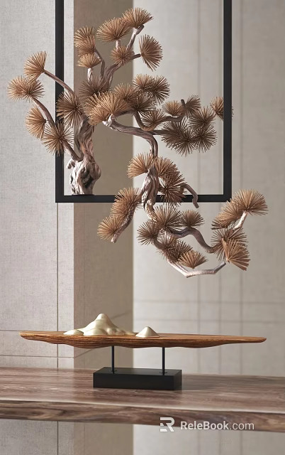 Pine Tree Shaped Metal Hanging Ornament with Black Frame for Minimalist Indoor Decor 3d model 