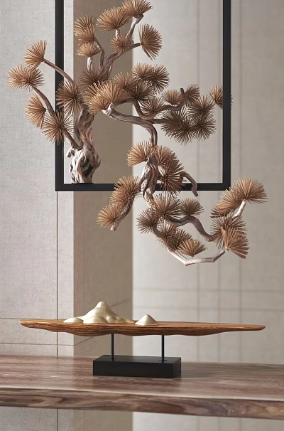 Pine Tree Shaped Metal Hanging Ornament with Black Frame for Minimalist Indoor Decor 3d model