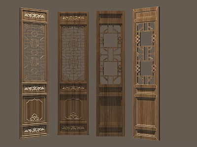 Chinese Style Wooden Screens With Carved Patterns And Lattice Designs 3d model