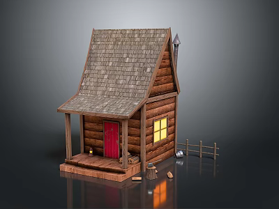 Rustic Wooden Log Cabin With Shingle Roof Red Door Lit Window Porch And Fence 3d model