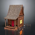 Rustic Wooden Log Cabin With Shingle Roof Red Door Lit Window Porch And Fence