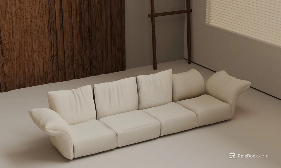 Modern White Three-Seater Sofa In Minimalist Interior With Wooden Wall And Soft Upholstery 3d model 