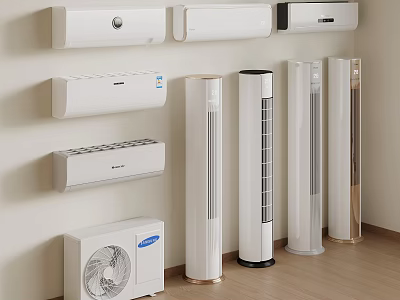 Various Home Cooling Appliances Including Wall Mounted Floor Standing Units and Fans 3d model