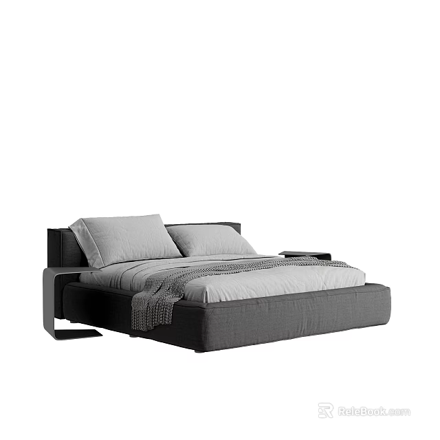 Modern Gray Double Bed With Sleek Headboard Soft Pillows And Cozy Blanket 3d model