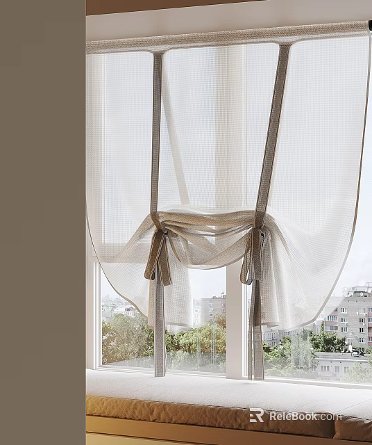White Sheer Curtain with Tie Back Design for Window and Scenic Outside View 3d model 