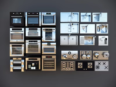 Modern Kitchen Appliances Various Types Like Ovens Dishwashers Faucets In Organized 3d model