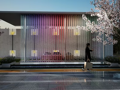 Modern Scenic Wall With Colorful Glass Light Shadow Effect Near Cherry Blossom Tree And Pedestrian 3d model