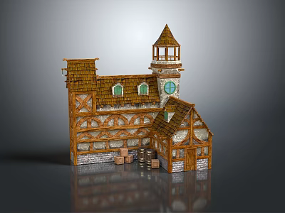 Medieval Half Timbered Building With Tower Spire Green Windows And Stone Walls 3d model