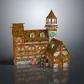 Medieval Half Timbered Building With Tower Spire Green Windows And Stone Walls