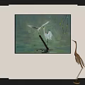 Decorative Painting With White Egrets On Tree Branch And Green Water Surface
