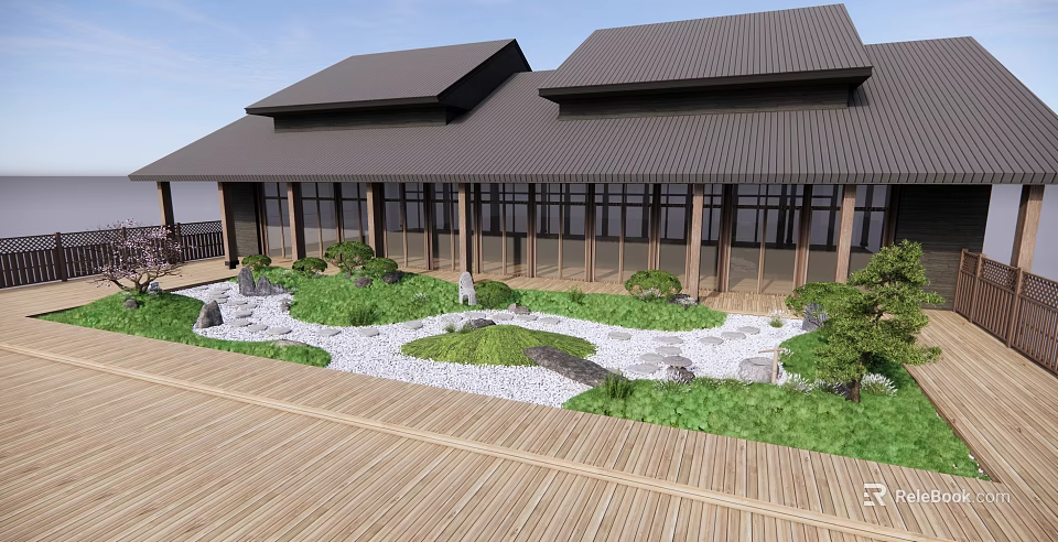 Traditional Japanese Karesansui Garden with Wooden Deck White Gravel and Green Vegetation 3d model 