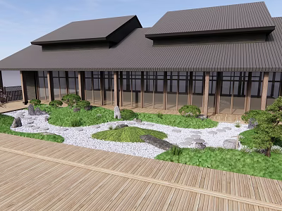 Traditional Japanese Karesansui Garden with Wooden Deck White Gravel and Green Vegetation 3d model