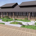 Traditional Japanese Karesansui Garden with Wooden Deck White Gravel and Green Vegetation