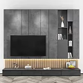 Modern Wooden Black TV Wall Unit With Bookshelves Decorative Vase Sculpture And TV