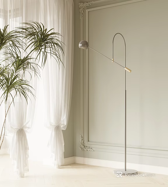 Modern Floor Lamp In Bright Room With Green Palm Plant White Curtains And Light Colored Wall 3d model 