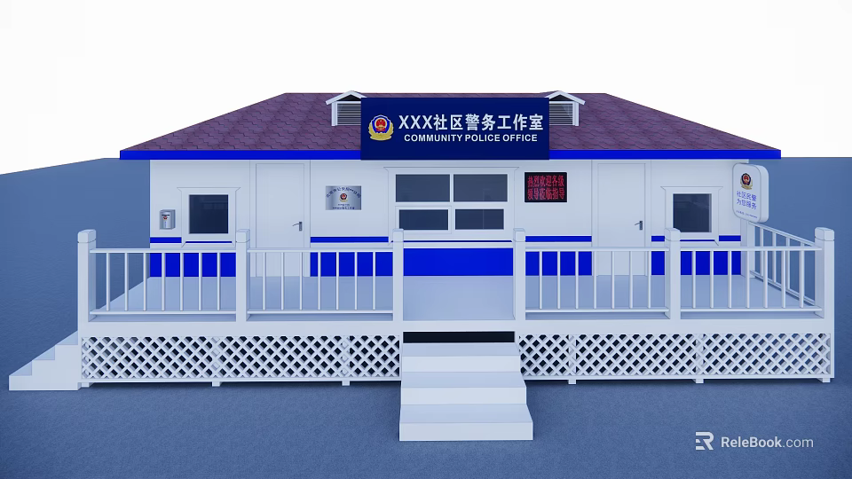 Practical Community Police Office Building With Blue White Exterior Red Roof Front Steps And Railing 3d model 