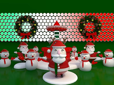 Festive Christmas Scene With Santa Claus Snowmen Wreaths And Green Grid Background 3d model