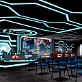 Modern Tech Style Interior With Blue Neon Geometric Ceiling Chairs Tables Bar Counter And Screen