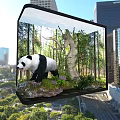 Sleek Black TV Displaying Panda in Natural Habitat with Cityscape Background and Green Plants