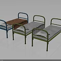 Three Modern Metal Frame Single Beds With Blue Green Frames And Red White Mattresses