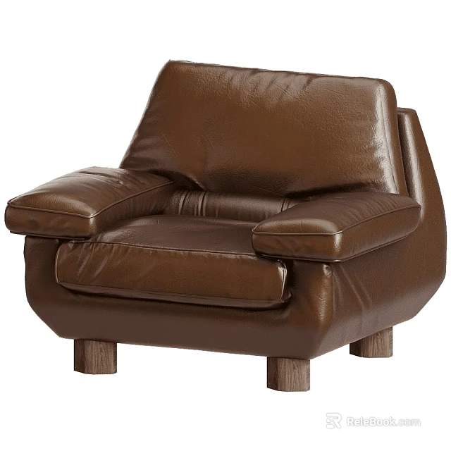 Modern Comfortable Brown Leather Single Sofa with Armrests and Wooden Legs 3d model 