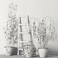 Bonsai Potted Plants Display With Wooden Ladder And Colorful Autumn Leaves
