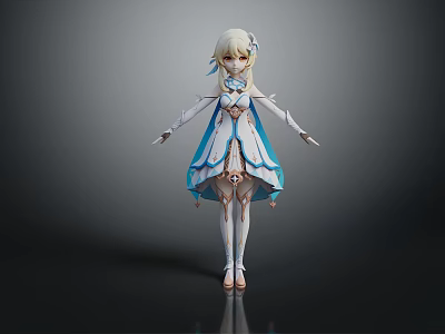 Elegant 3D Fantasy Character With Blonde Hair And Blue White Dress Standing Pose 3d model