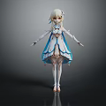 Elegant 3D Fantasy Character With Blonde Hair And Blue White Dress Standing Pose