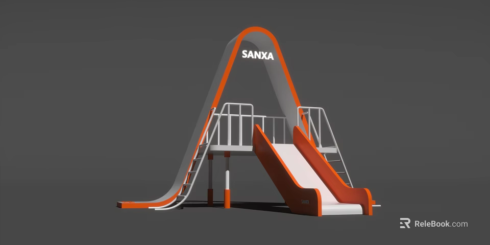 Interactive Play Area With Orange White SANXA Slide Stairs And Railings 3d model 