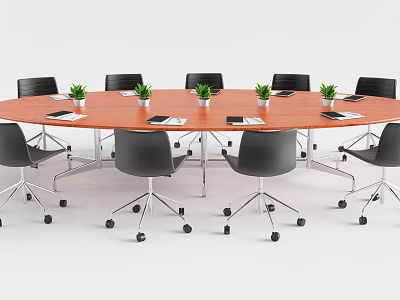 Round Wooden Conference Table With Black Office Chairs Notebooks And Small Plants 3d model