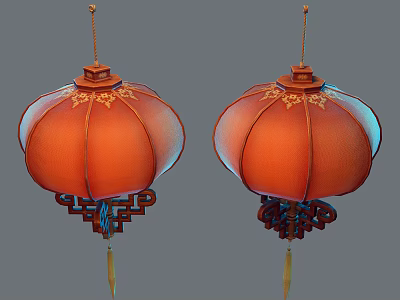 Traditional Orange Chinese Lanterns With Golden Patterns And Decorative Tassels 3d model