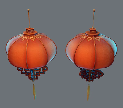Traditional Orange Chinese Lanterns With Golden Patterns And Decorative Tassels 3d model