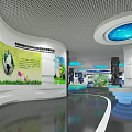 Modern Exhibition Hall Interior With Geometric Display Counters City Models And Blue Ceiling Lights 3d model