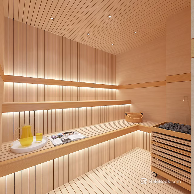 Tranquil SPA Sauna With Wooden Interior Ambient Lighting And Relaxation Area 3d model 