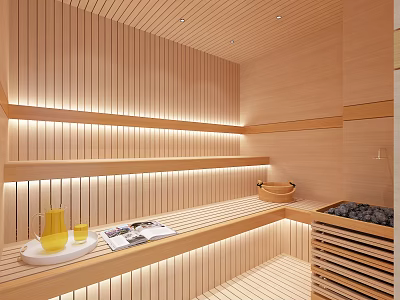 Tranquil SPA Sauna With Wooden Interior Ambient Lighting And Relaxation Area 3d model
