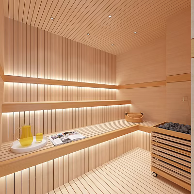 Tranquil SPA Sauna With Wooden Interior Ambient Lighting And Relaxation Area 3d model
