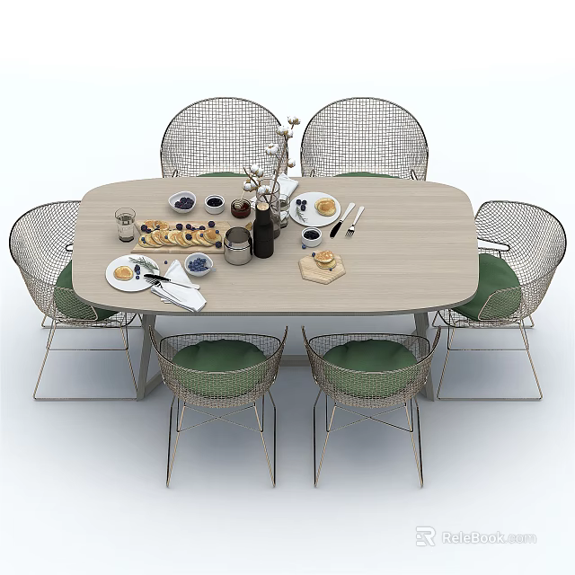 Oval Wooden Dining Table Set With Six Metal Woven Back Green Cushion Chairs And Tableware 3d model 