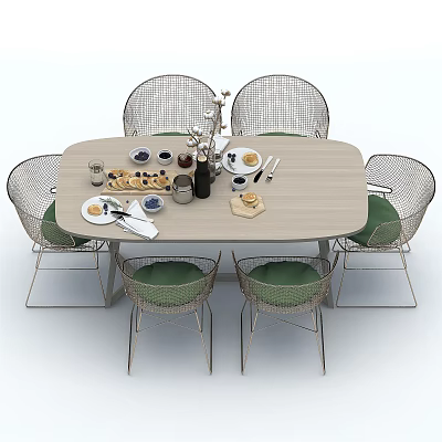 Oval Wooden Dining Table Set With Six Metal Woven Back Green Cushion Chairs And Tableware 3d model