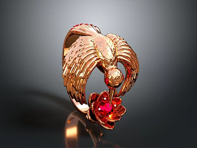 Elegant Gold Ring With Bird Wing Design And Red Gemstone Flower 3d model