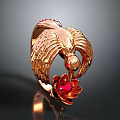 Elegant Gold Ring With Bird Wing Design And Red Gemstone Flower 3d model