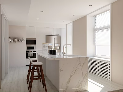 Modern Kitchen Interior With Marble Island Counter White Cabinets And Appliances 3d model